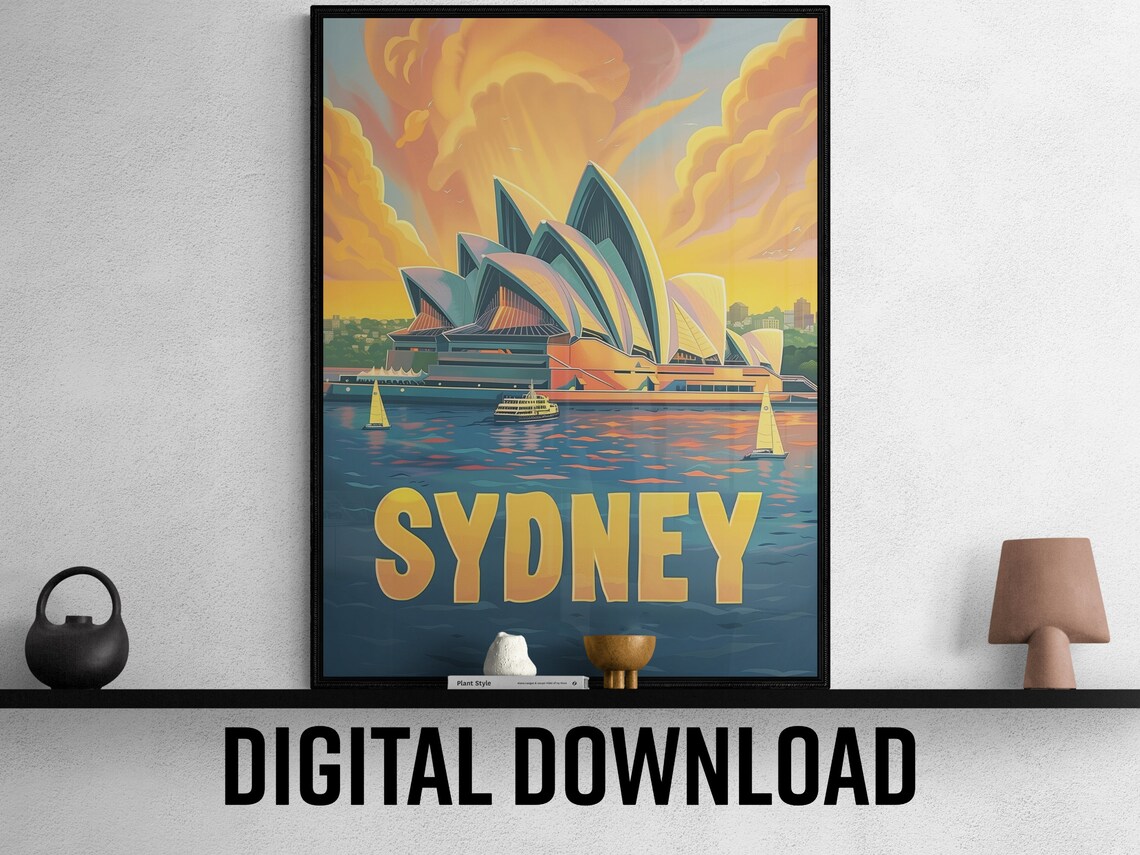 Sydney Opera House Sunset Evening Sailboats Retro Travel Poster