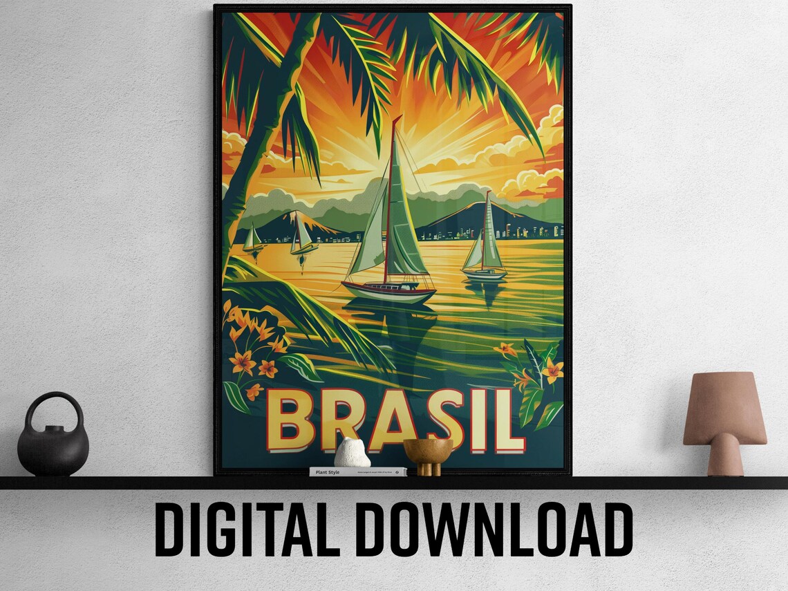 Brasil Tropical Sunset with Sailboats and Palm Trees Travel Poster