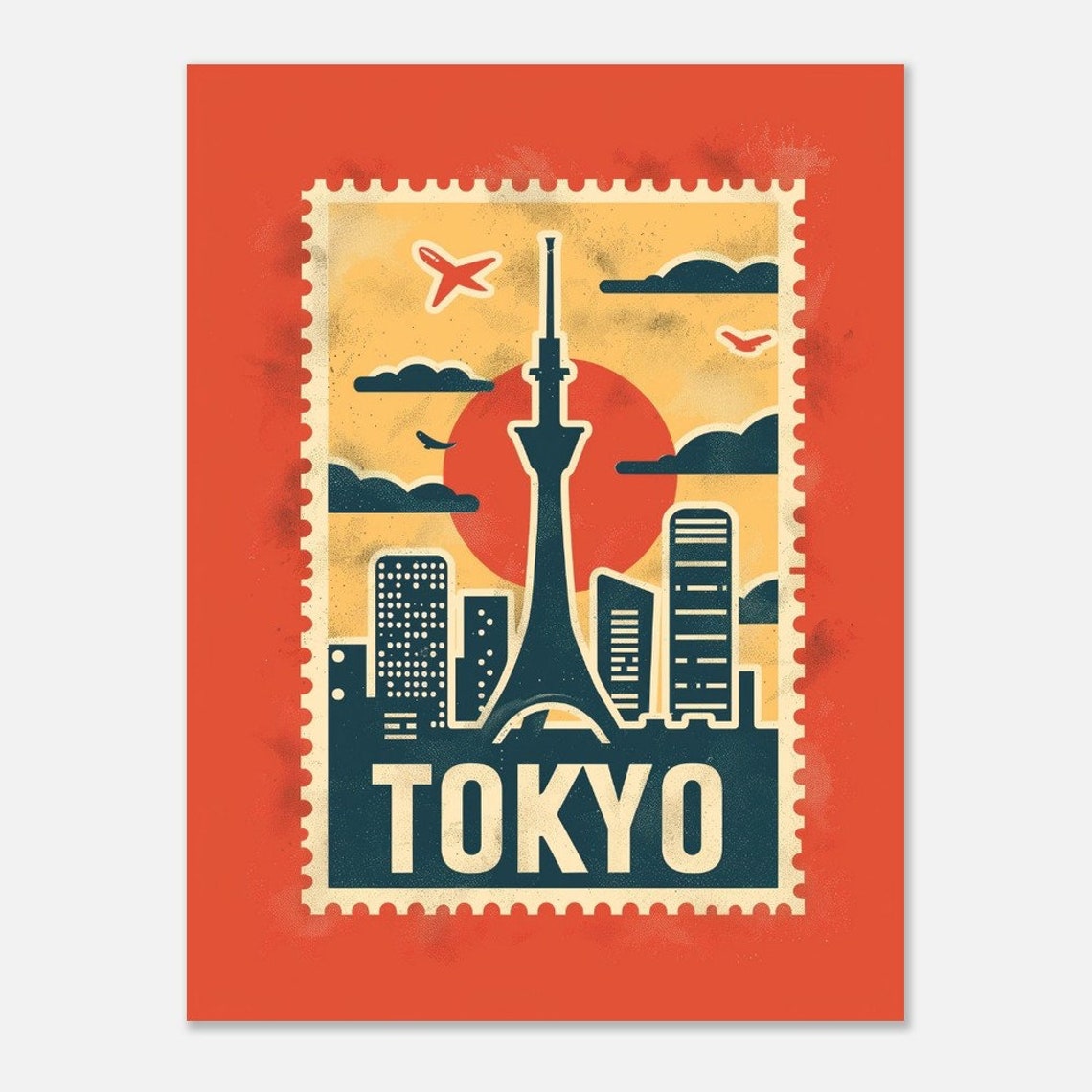 Tokyo Japan City Skyline Sunset Retro Postage Stamp Travel Poster - Image 2