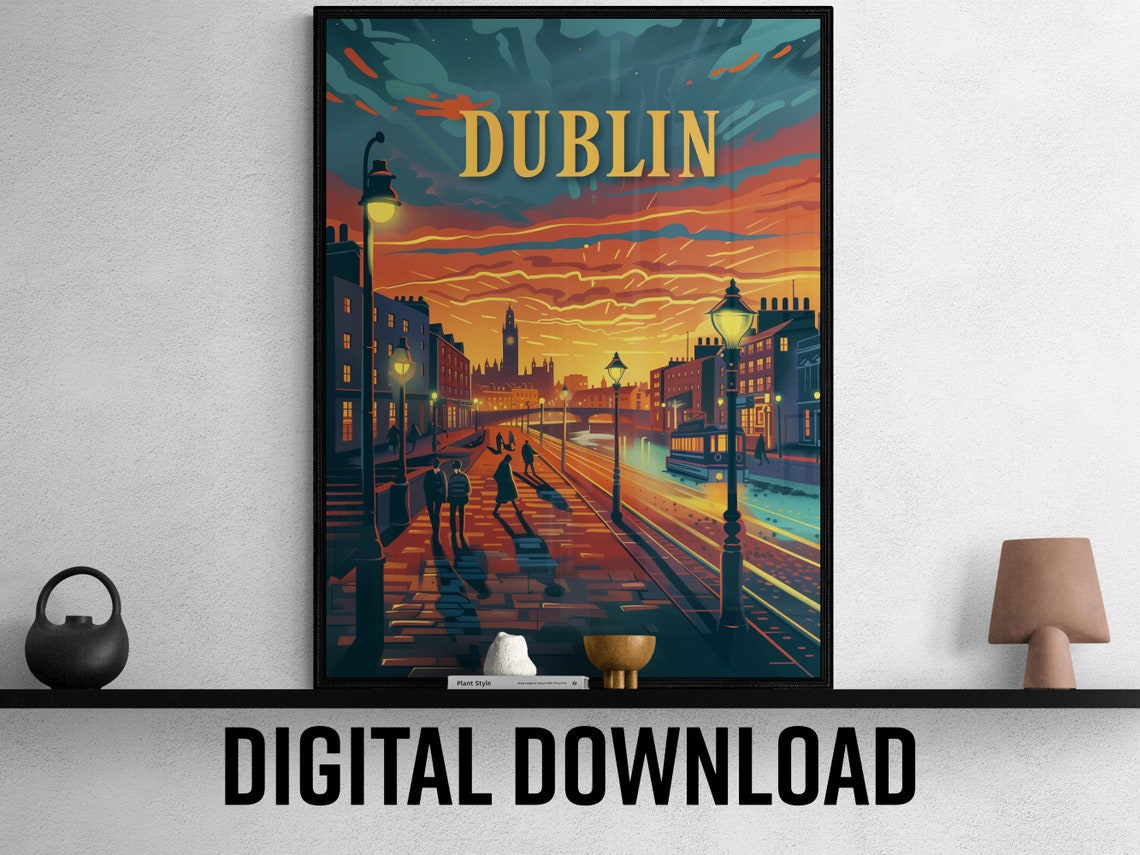 Dublin Ireland River Quay Lamppost Sunset Vintage Travel Poster