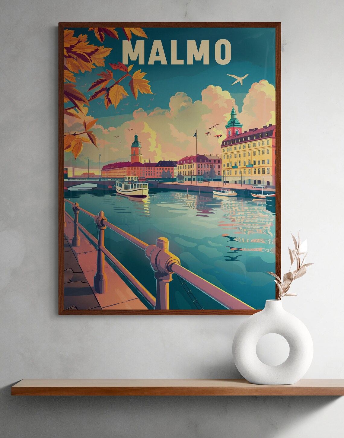 Malmo Harbor Boats Waterfront Railing Autumn Leaves Travel Poster
