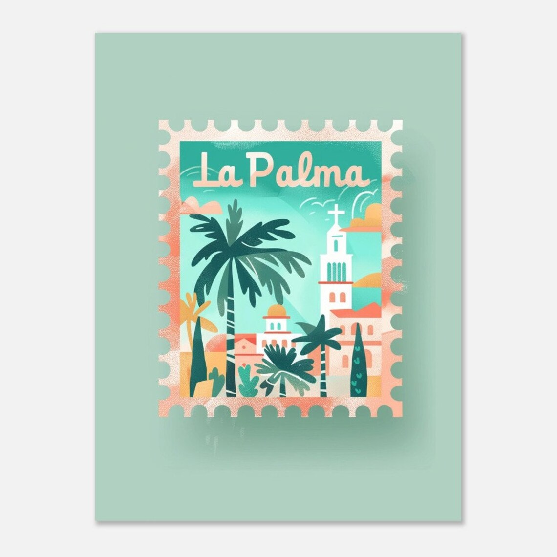La Palma Palm Trees White Church Towers Stamp Style Travel Poster - Image 2