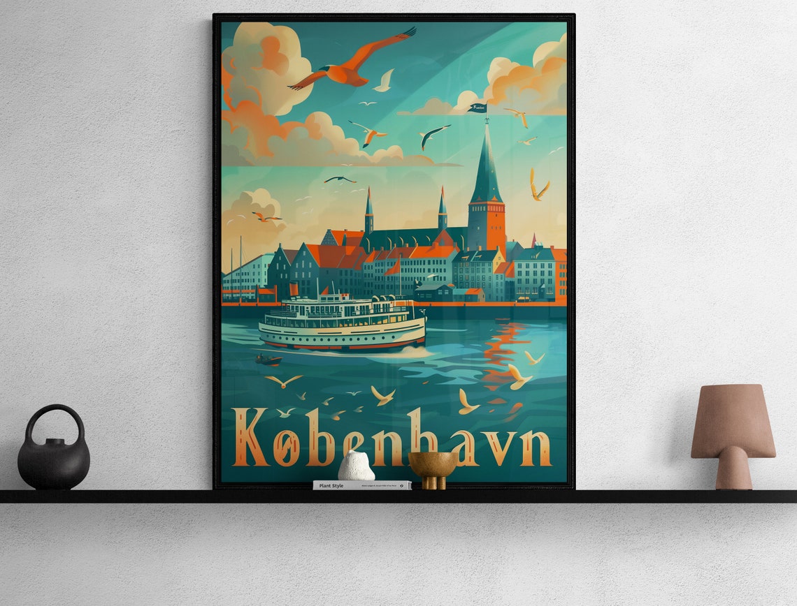 Copenhagen Harbor Ferry Ship Church Tower Seagulls Travel Poster - Image 2