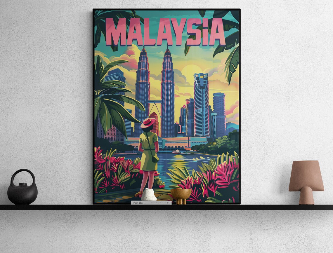 Malaysia Petronas Towers Tropical City Skyline Travel Poster