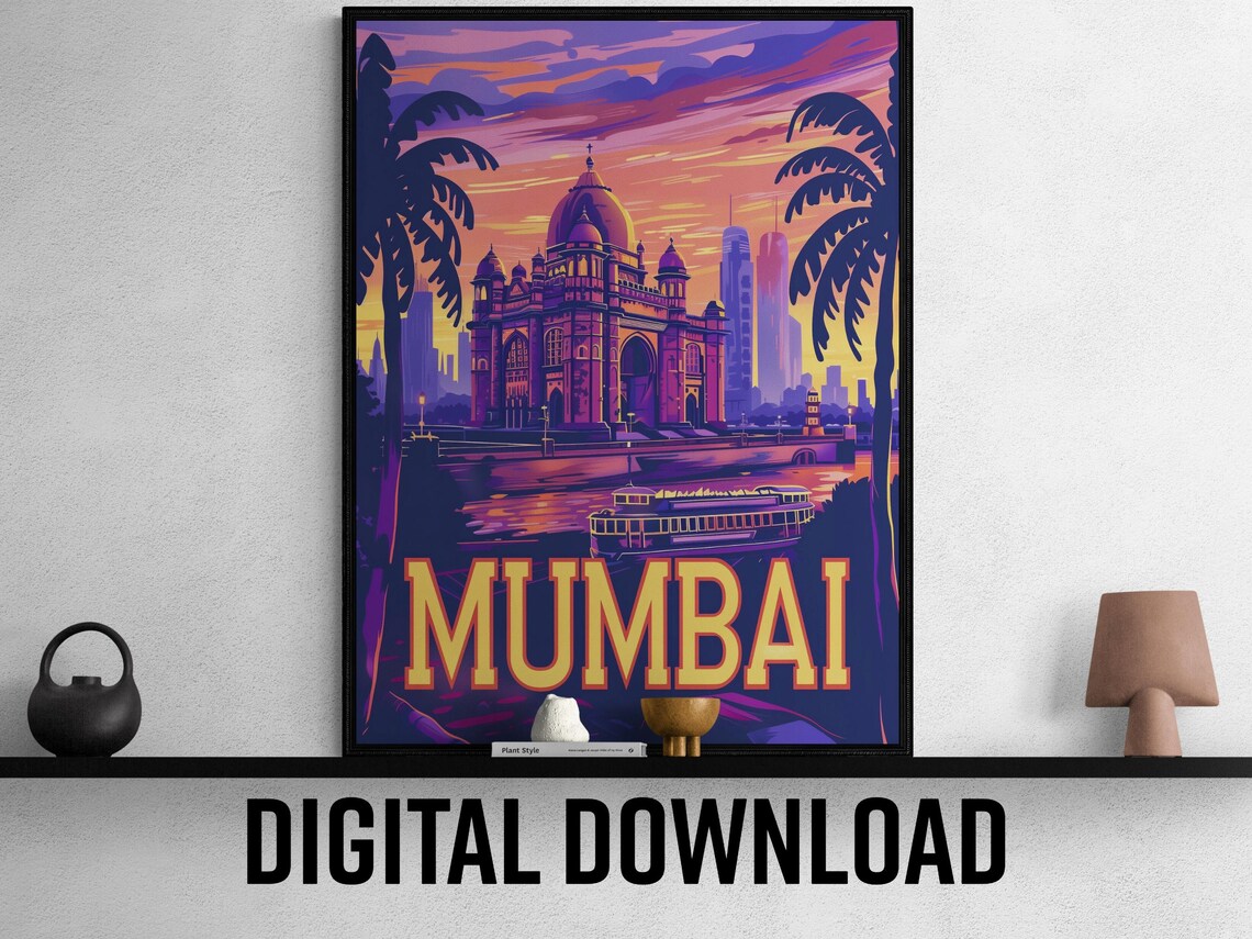 Mumbai Gateway of India Sunset Vintage Travel Poster Purple Dusk Scene
