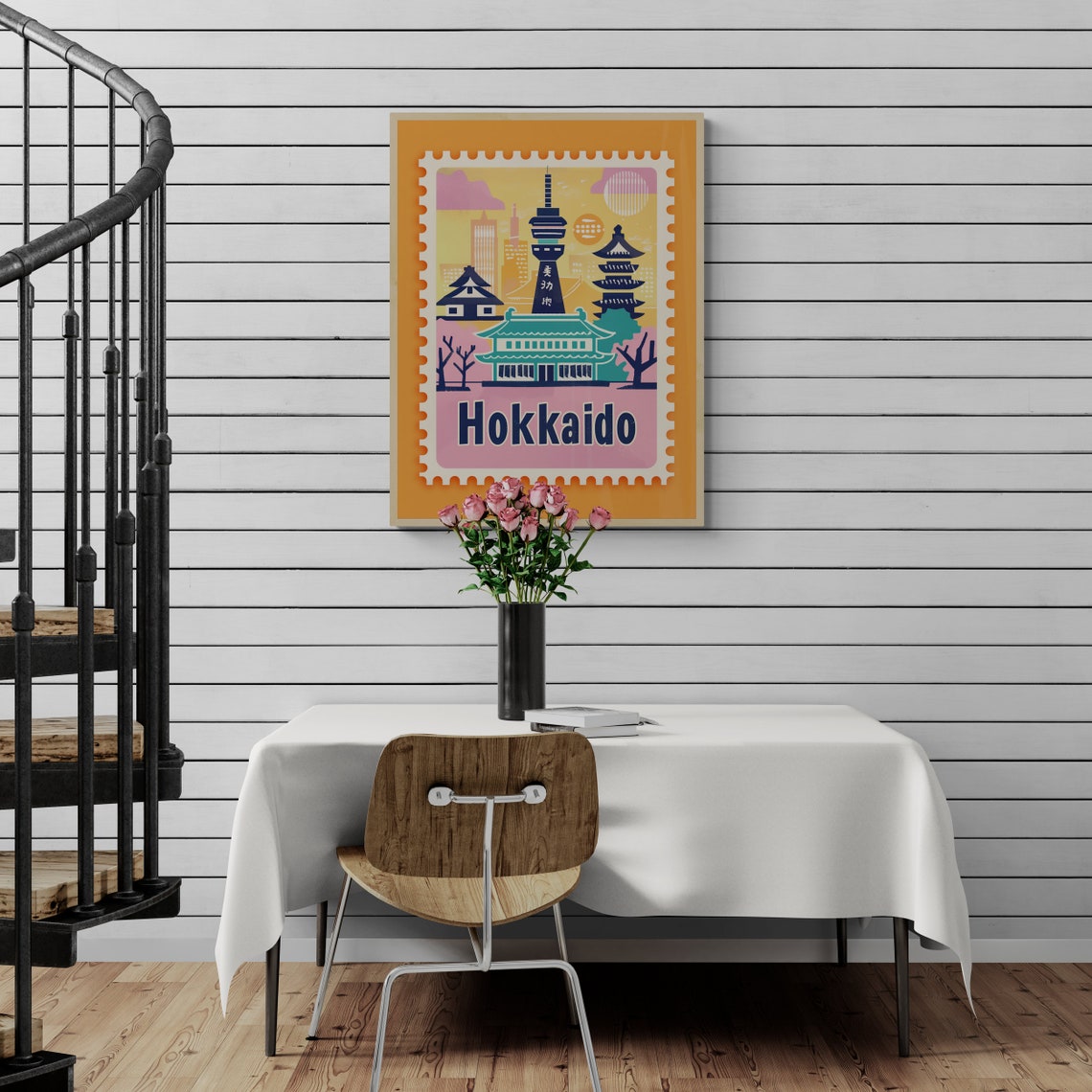 Hokkaido Japan Temple Tower Vintage Travel Stamp Style Poster - Image 5