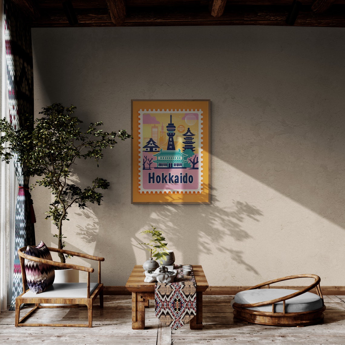 Hokkaido Japan Temple Tower Vintage Travel Stamp Style Poster - Image 4