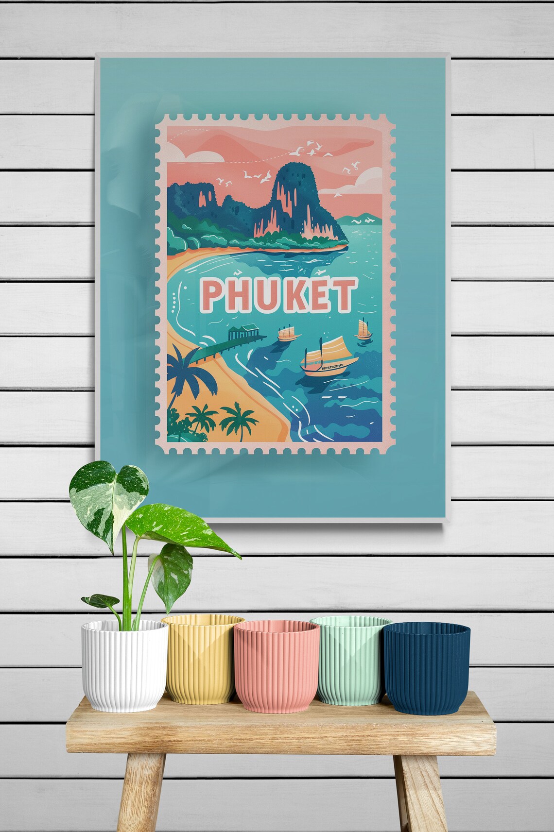 Phuket Thailand Cliffs Beach Boats Vintage Travel Stamp Poster - Image 3