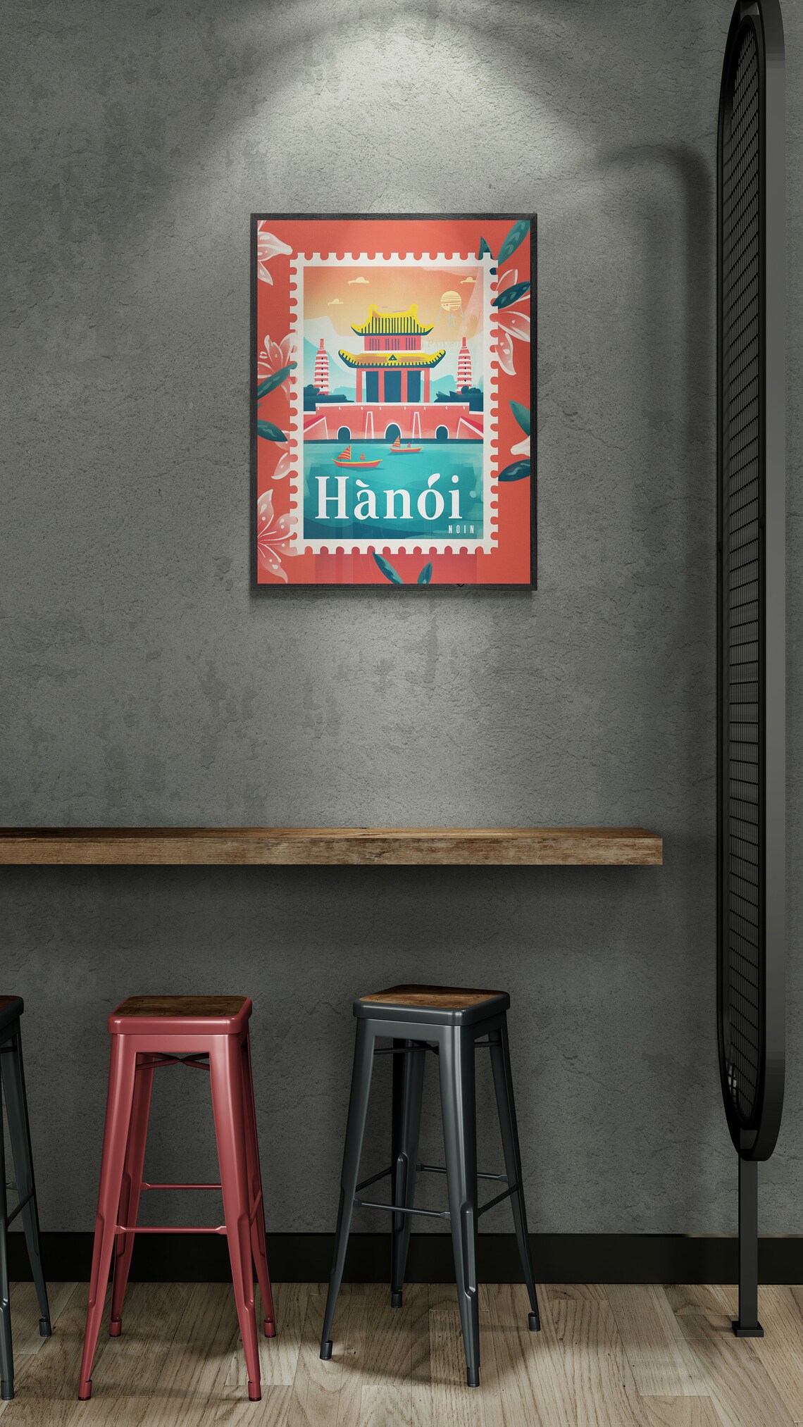 Hanoi Vietnam Temple Boats Vintage Travel Stamp Style Poster - Image 5