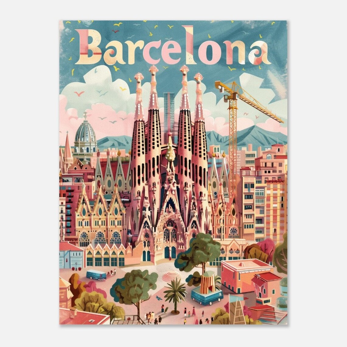Barcelona Sagrada Familia Cathedral Pastel Vintage Spain Travel Poster - Image 2