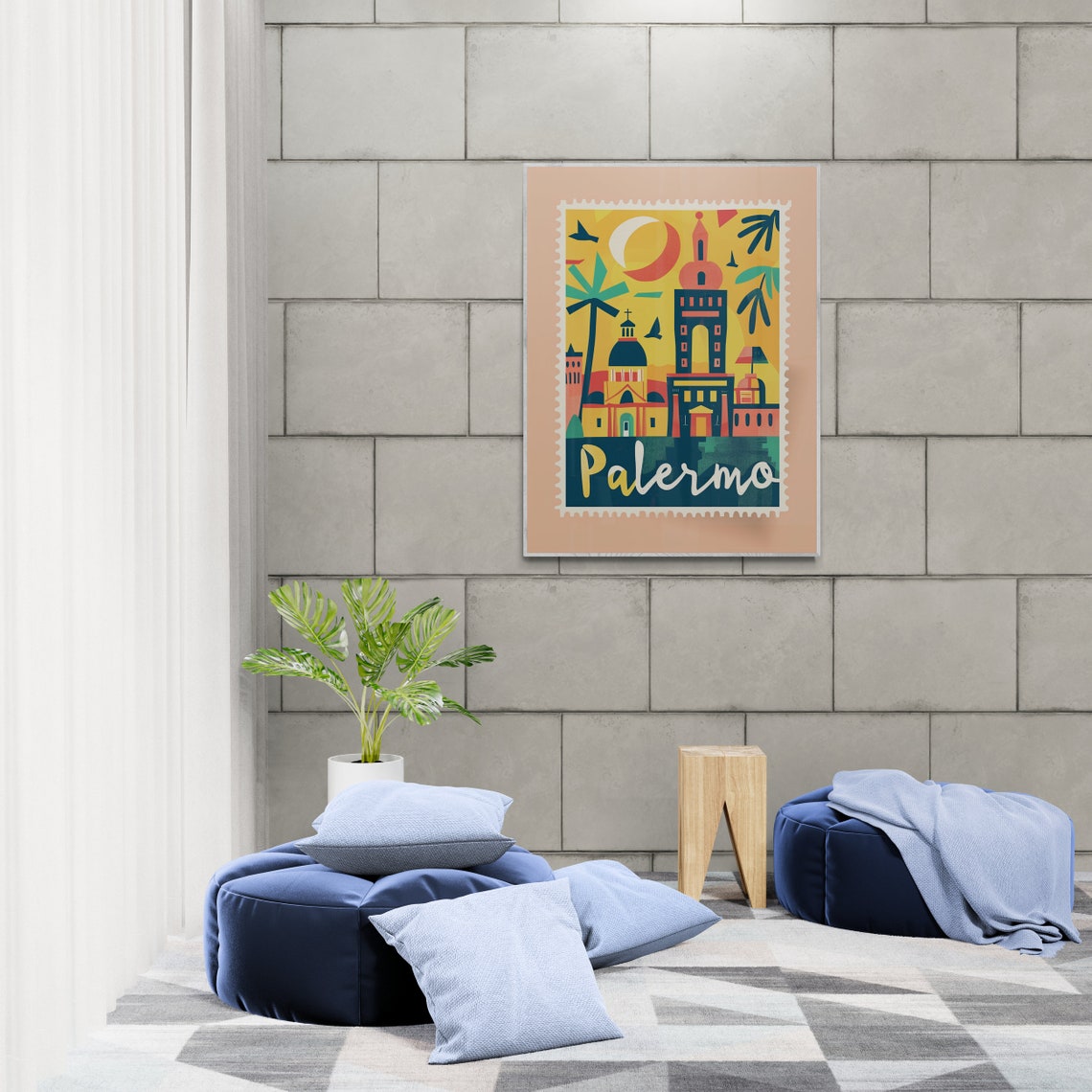 Palermo Sicily Skyline Palm Trees Peach Vintage Stamp Travel Poster - Image 5