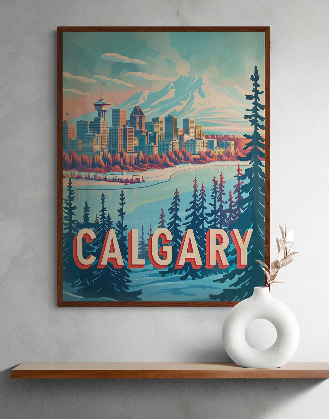 Calgary Skyline Mountains River Pines Teal Sunset Sky Travel Poster