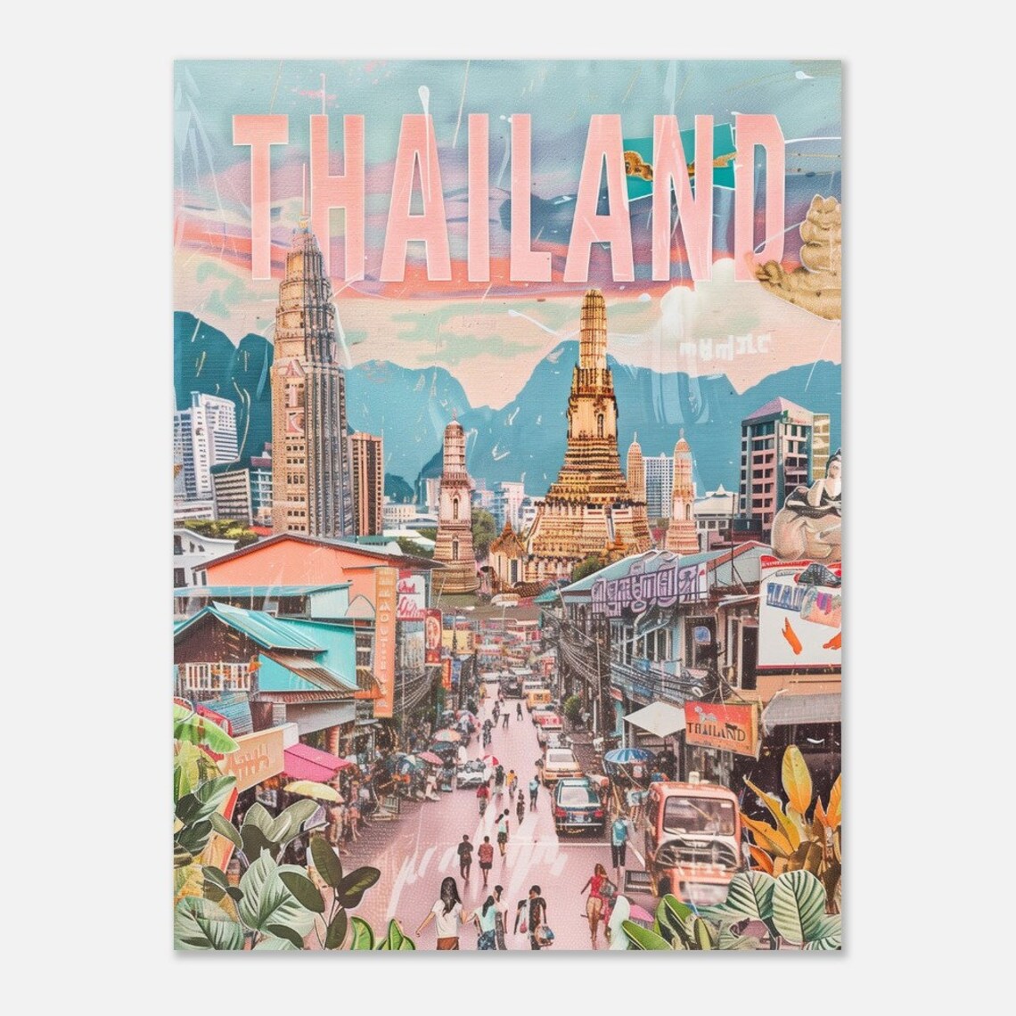 Thailand Bangkok Street Scene Market Vintage Collage Travel Poster - Image 2