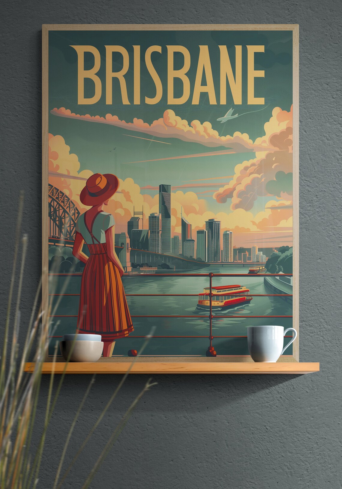 Brisbane Story Bridge Skyline and River Ferry Vintage Travel Poster - Image 2