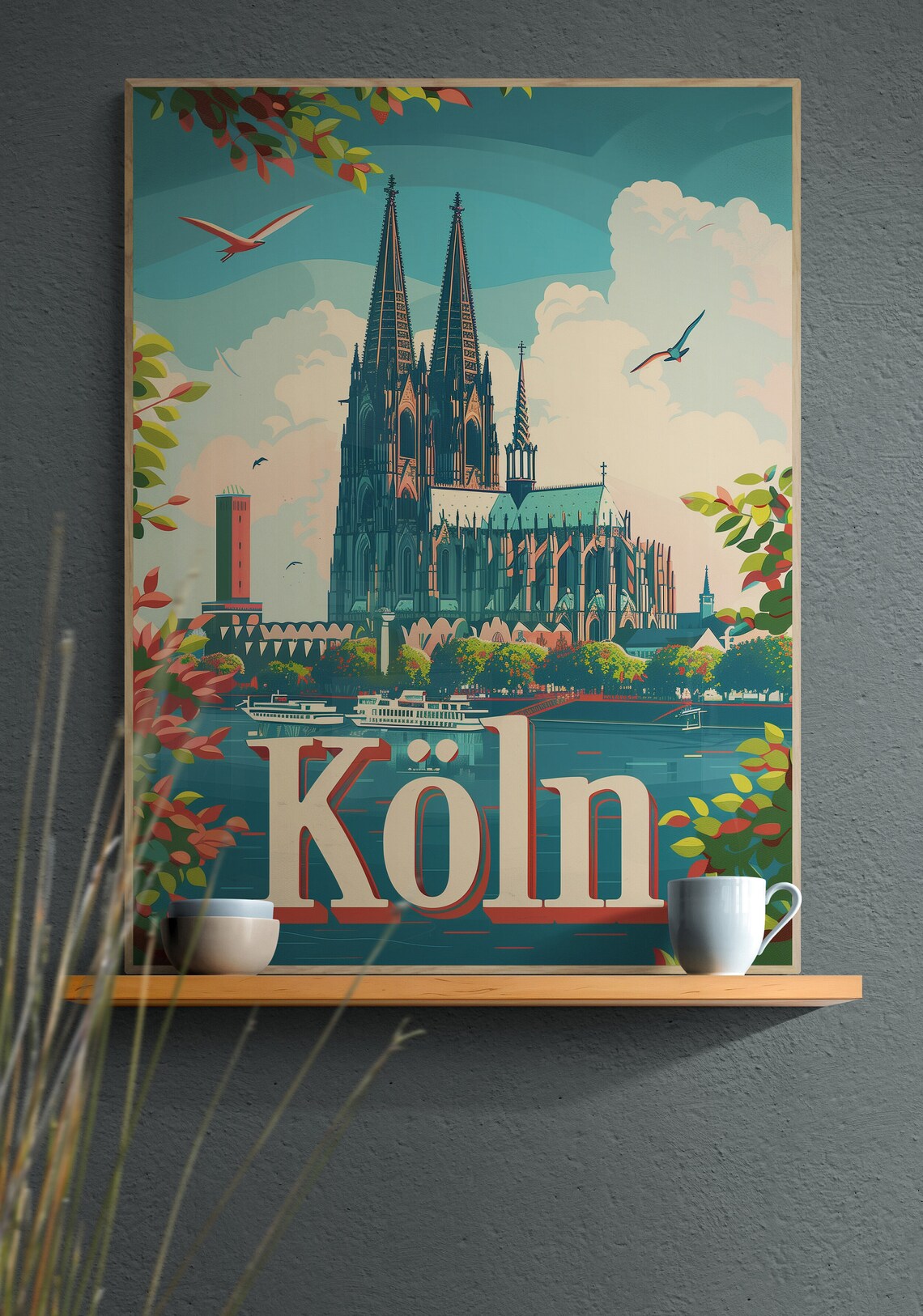 Cologne Cathedral Rhine River Boat Vintage Retro Travel Poster - Image 3