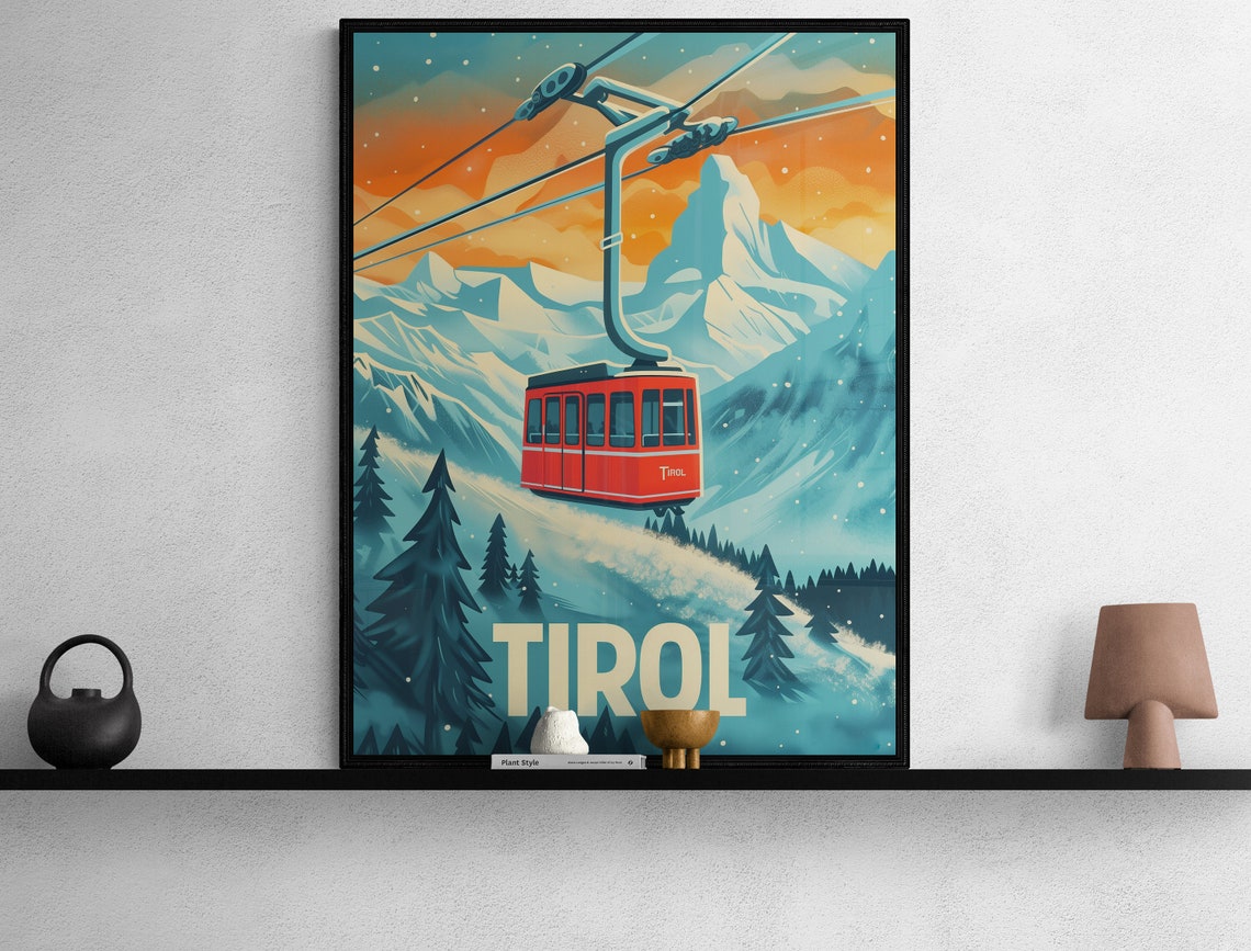 Tirol Red Cable Car Over Snowy Alps at Sunset Vintage Ski Poster - Image 2