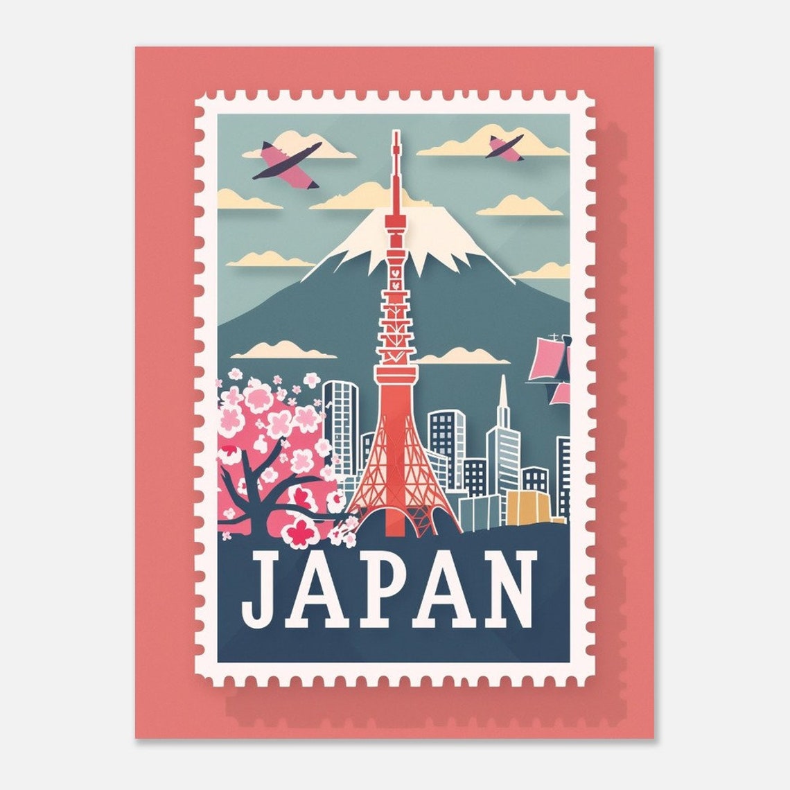 Japan Tokyo Tower Mount Fuji Cherry Blossom Vintage Stamp Poster - Image 2