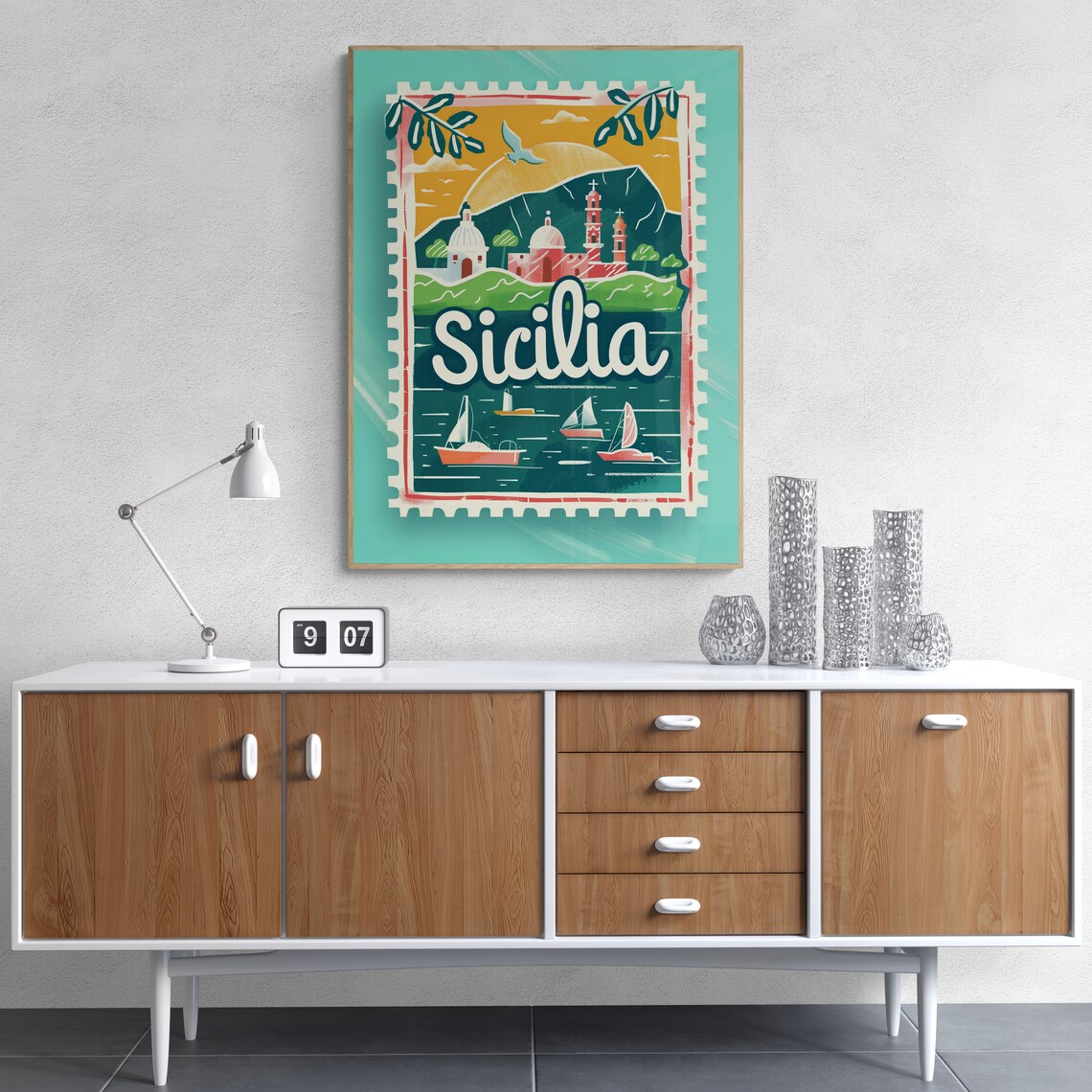 Sicily Coastal Village Sailboats Mint Vintage Stamp Travel Poster - Image 4