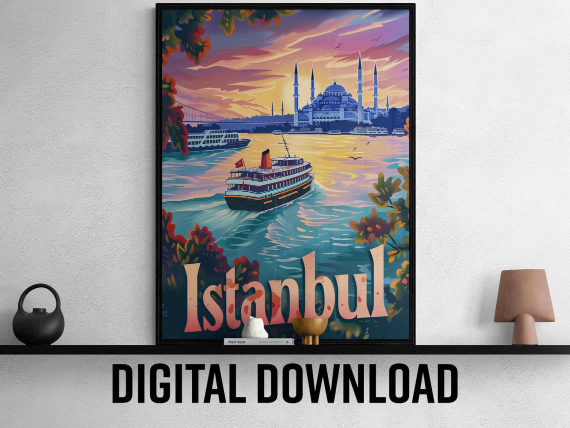 Istanbul Turkey Blue Mosque Bosphorus Ferry Sunset Travel Poster
