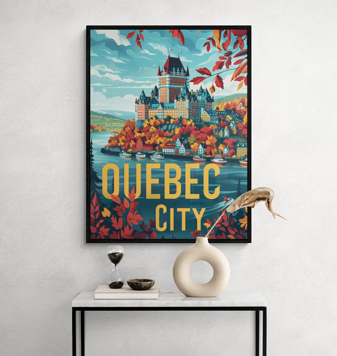 Quebec City Chateau Frontenac Autumn Leaves Harbor Boats Travel Poster