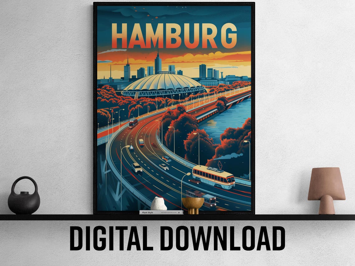 Hamburg Germany Stadium Riverside Sunset Modern Travel Poster Art
