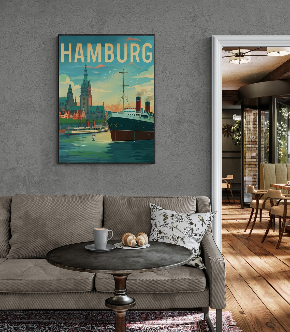Hamburg Harbor Grand Ocean Liner Vintage Ships Travel Poster - Image 3