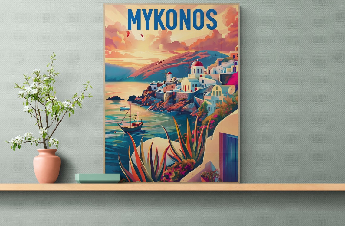 Mykonos Whitewashed Village Windmill Sunset Greece Travel Poster