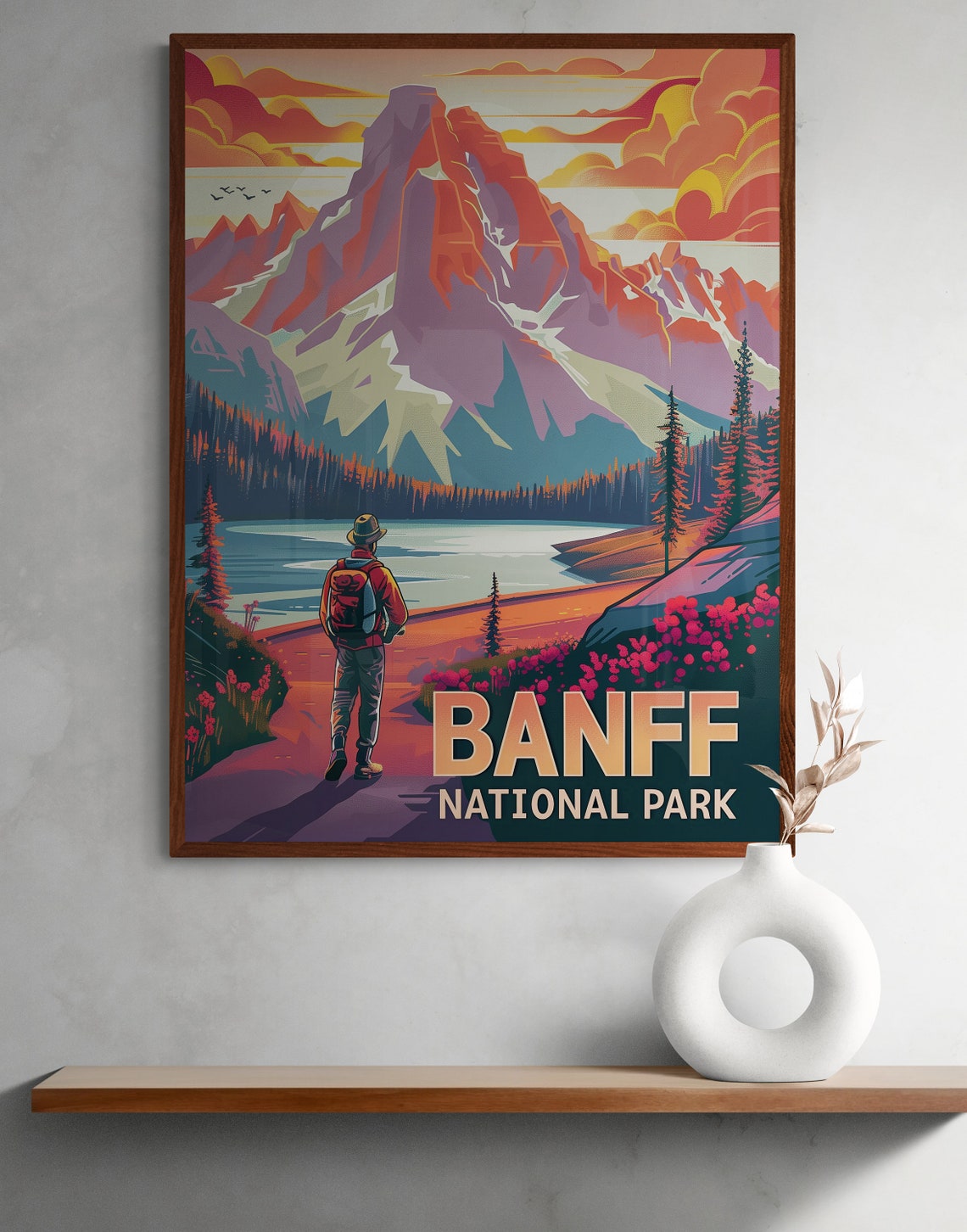Banff National Park Hiker Mountain Lake Sunset Trail Travel Poster