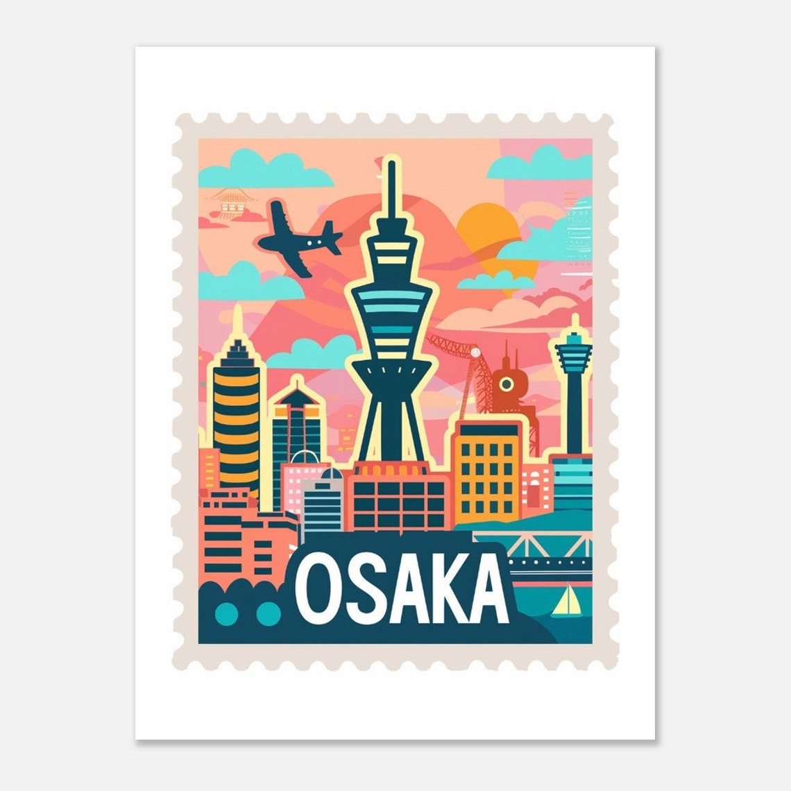 Osaka Japan Modern Tower Airplane Vintage Travel Stamp Poster - Image 2
