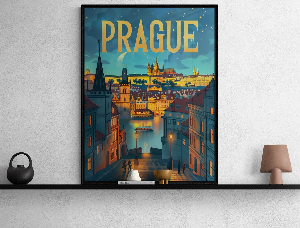 Prague Night River Prague Castle Bridge Lamps Moonlight Travel Poster - Image 2
