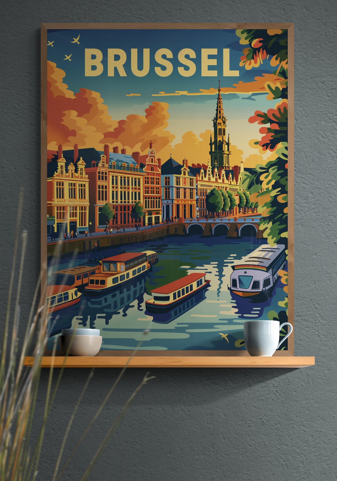 Brussel Canal Boats and Church Tower Vintage Belgian Travel Poster