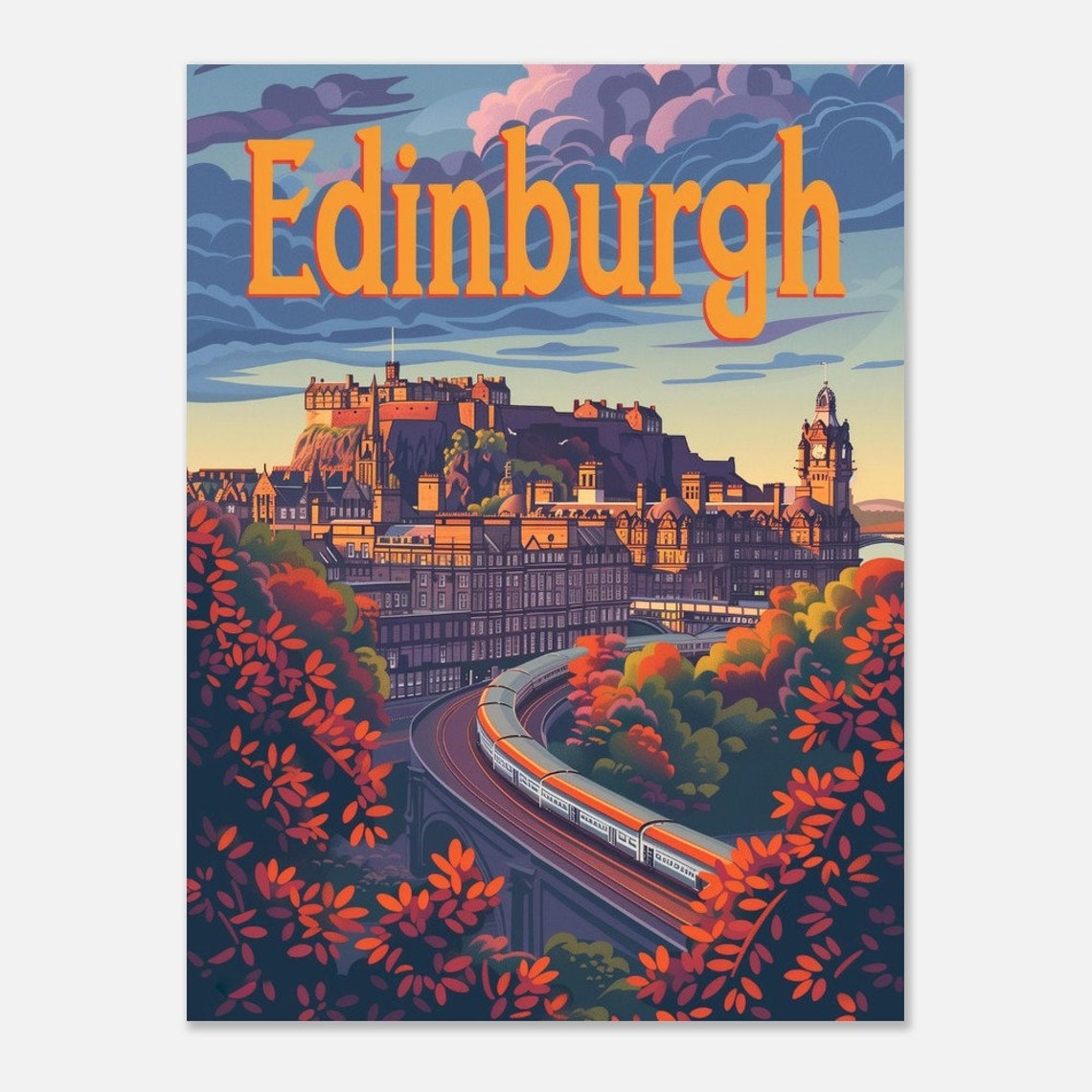 Edinburgh Castle Autumn Train Viaduct Vintage Scotland Poster - Image 2