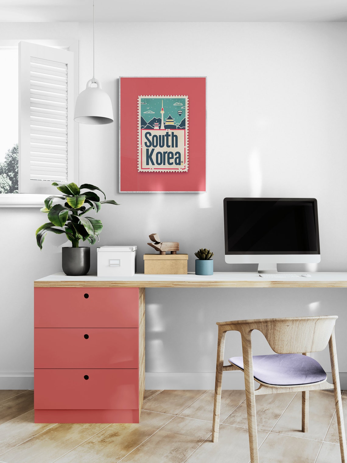 South Korea N Seoul Tower Mountains Stamp Style Travel Poster - Image 3