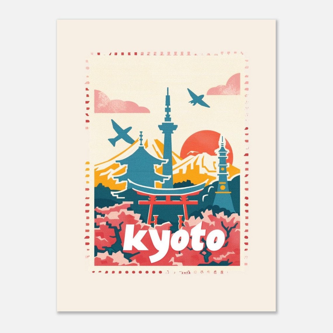 Kyoto Japan Torii Gate Pagoda Cherry Blossom Vintage Travel Poster - Image 2