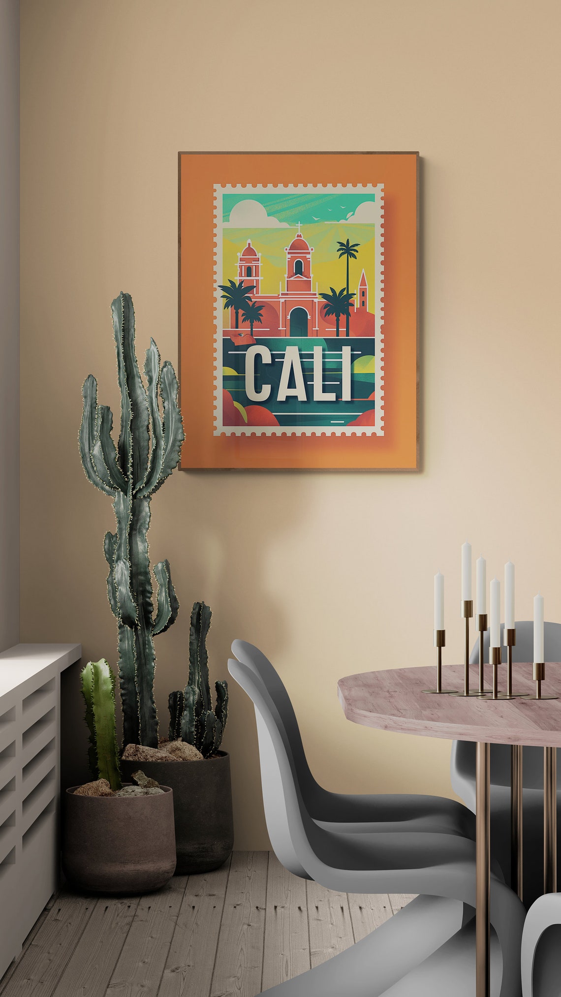 Cali Colombia Church Palms Vintage Travel Stamp Style Poster - Image 3