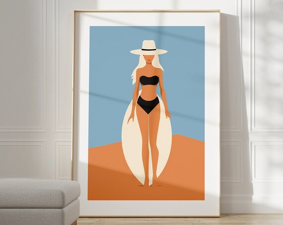 Minimalist Surfer Girl White Surfboard Terracotta Art Poster