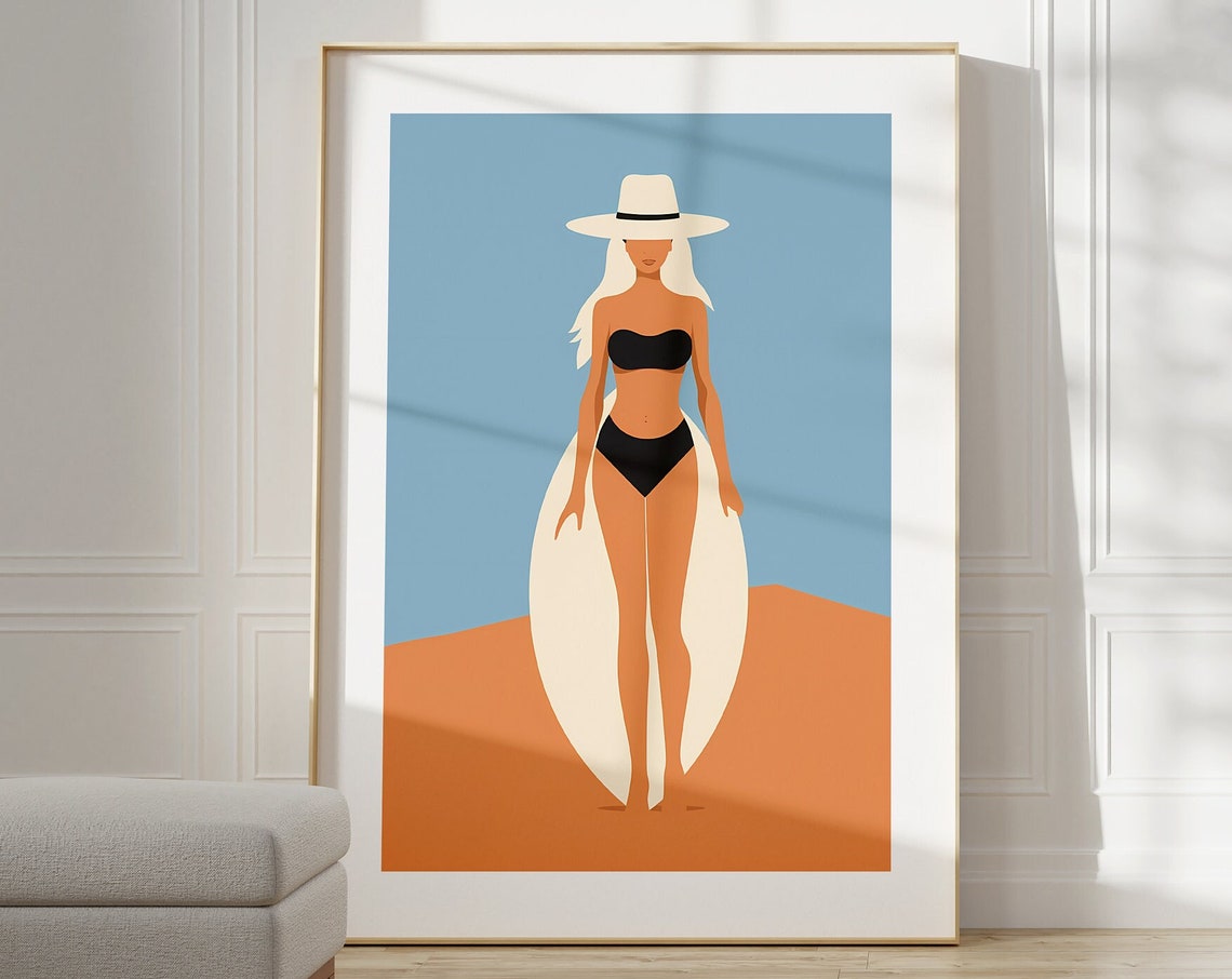 Minimalist Surfer Girl White Surfboard Terracotta Art Poster