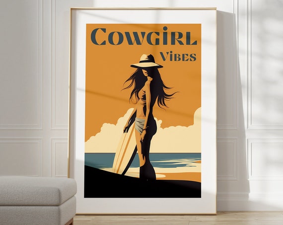 Coastal Cowgirl Surf Poster, Minimalist Dorm Decor