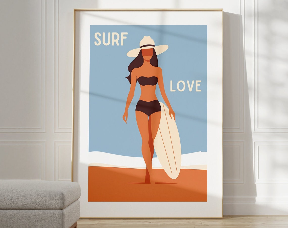 Surf Love Retro Beach Art Poster with Surfer Girl in Brown Bikini
