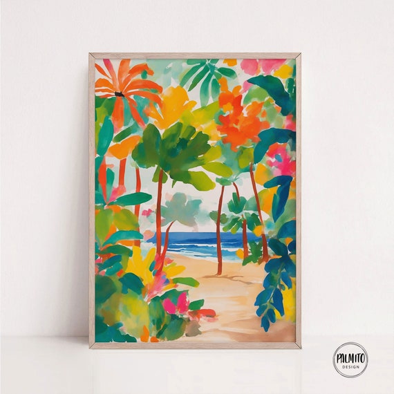 Colorful Beach Entrance Wall Art Tropical Plants Bold Vibrant Colors Gouache Painting