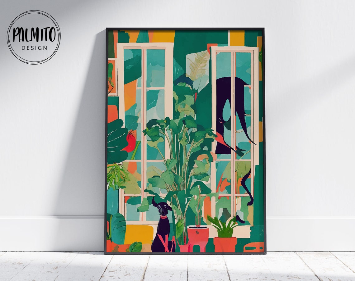 Black Dog Among Lush Plants in a Tropical Greenhouse Window Art Poster