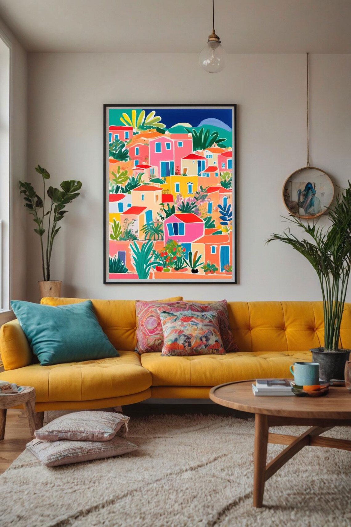 Colorful Village Houses Night Scene Tropical Moonlight Art Poster - Image 3