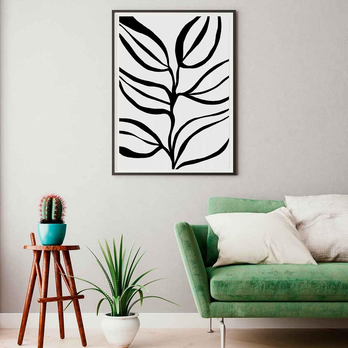 Minimalist Black Line Art Leaves on Cream Botanical Wall Poster - Image 3