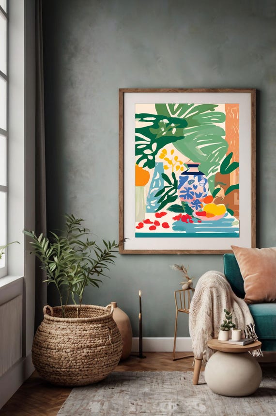 Colorful Vase With Tropical Plants Wall Art Vibrant Bold Bright Colors Plants Fruits Gouache Painting