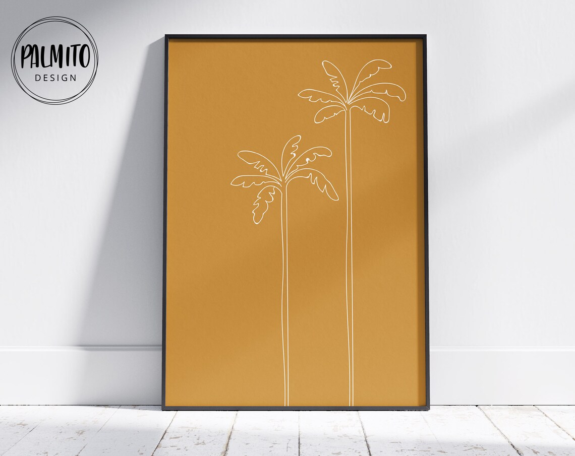 Palm Tree Line Art Mustard Boho Wall Decor Beach Line Drawing Simple Modern Palm Trees Poster Tropical Yellow Print Palms Art