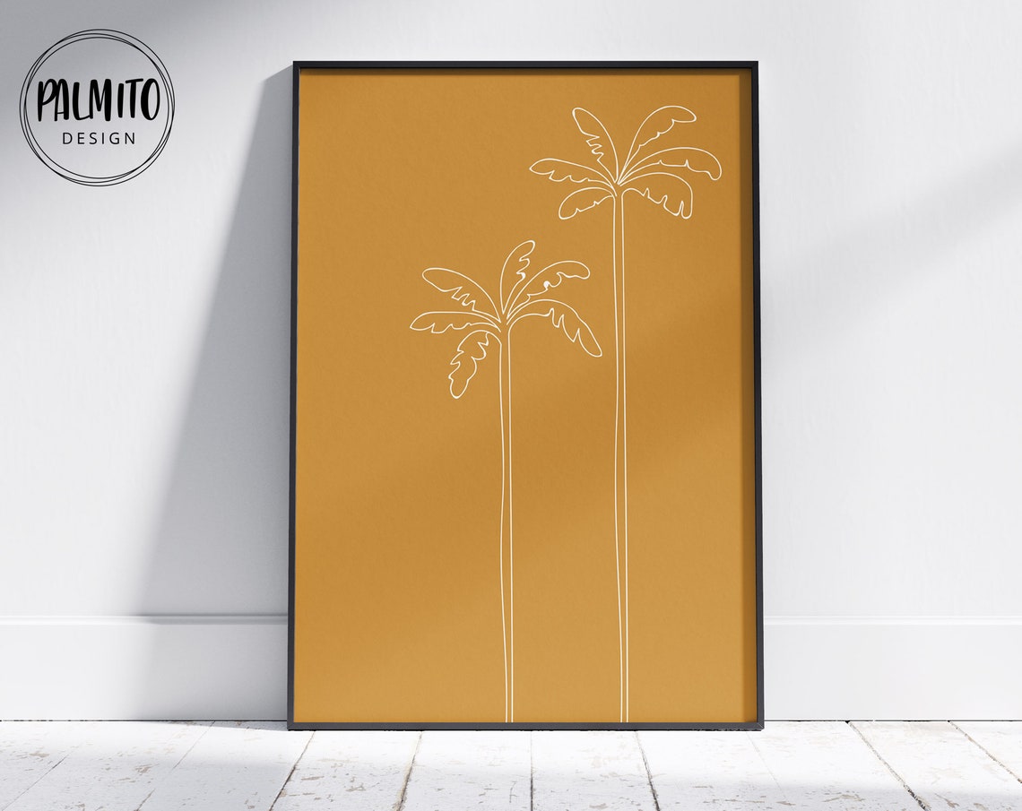 White Mustard Palm Tree Line Art Minimalist Beach Boho Poster