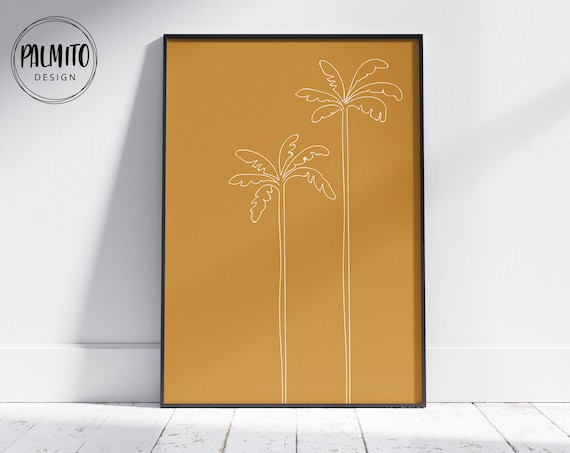 Palm Tree Line Art Mustard Boho Wall Decor Beach Line Drawing Simple Modern Palm Trees Poster Tropical Yellow Print Palms Art