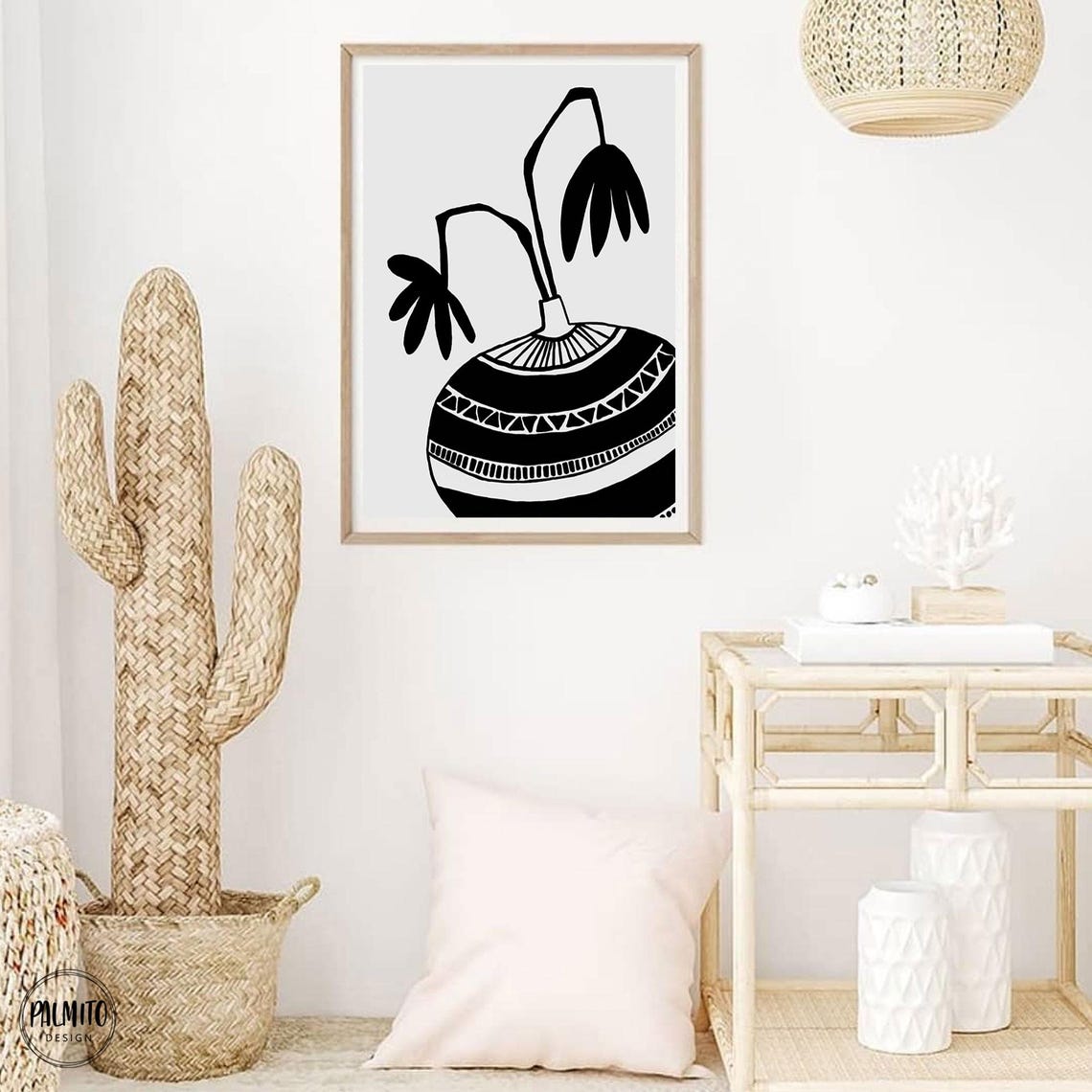 Black and White Patterned Vase Abstract Floral Silhouette Poster - Image 2