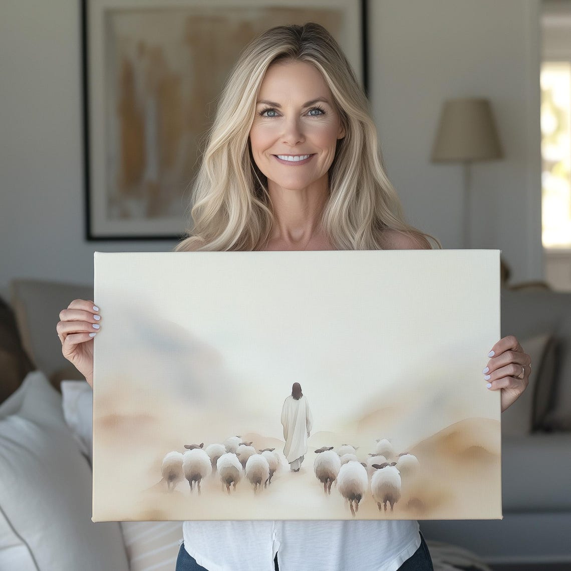 Jesus Walking With Sheep Flock In Misty Minimalist Watercolor Poster - Image 7