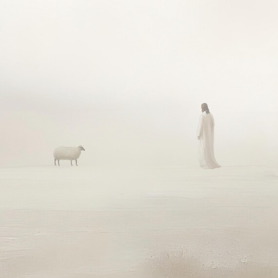 Minimalist Shepherd And Sheep Lost Parable In White Mist Poster